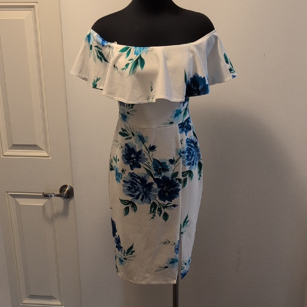 Floral Off-the-Shoulder Sheath Dress Blue White - Premier Amour